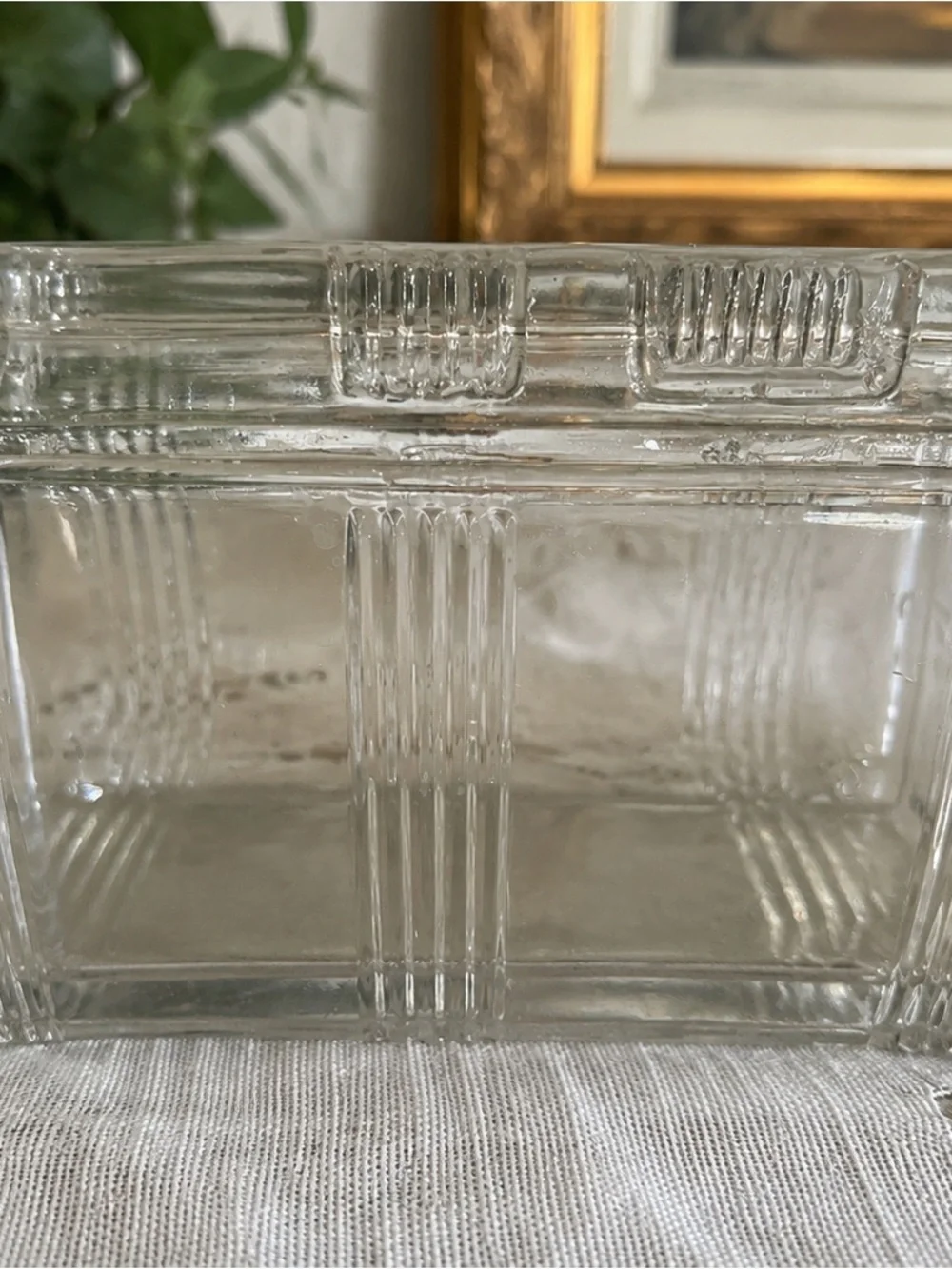 Vintage Clear Pressed Glass Refrigerator Dish w/ Lid Art Deco
